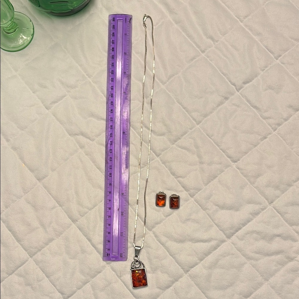 Amber sterling silver Pendant Necklace and Earring Set